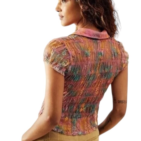 NWOT Free People Julie Printed Lace Mesh Crop Top in Tropical Sunset Combo - S - Picture 3 of 15